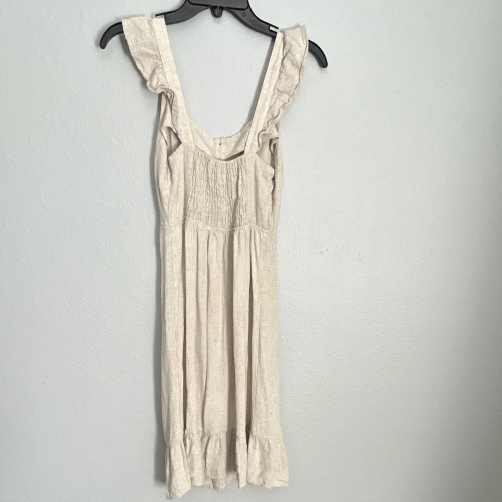 Monteau Beige Linen Blend Sundress S Button Front Ruffle Strap Knee Length - Picture 7 of 11